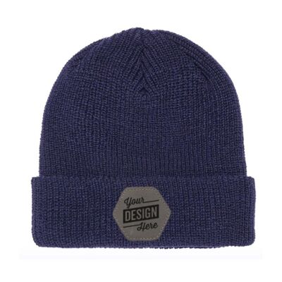 Flexfit Ribbed Cuff Knit Beanie & Leather Patch Bundle - Your Logo Thumbnail